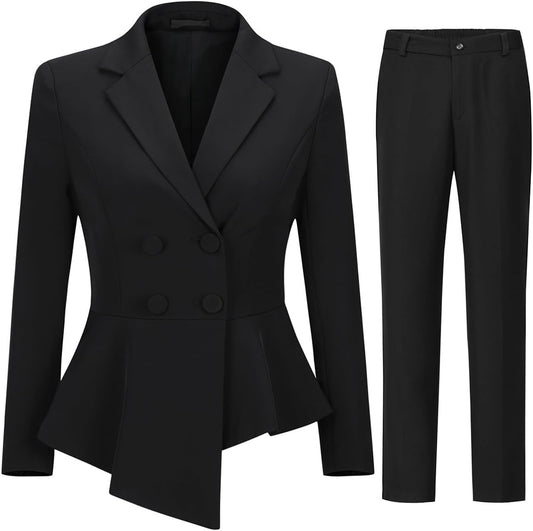 YUNCLOS Women's Double Breasted 2 Piece Suit Set 2 Button Blazer Jacket and Pants Black