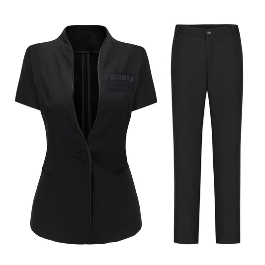 YUNCLOS Women's Short Sleeve Summer Slim Fit 1 Button Blazer and Pants 2 Piece Suit Set Pure Black