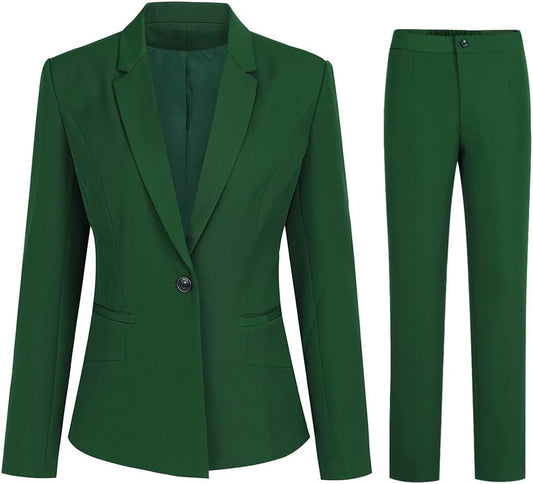 YUNCLOS Women's 2 Piece Office Lady Business Suit Set Slim Fit Blazer Pant Green