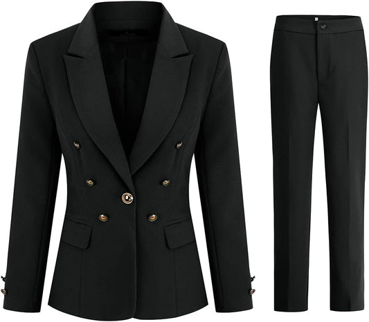YUNCLOS Women's 2 Pieces Vintage Office Lady Suit Set 1 Button Blazer and Suit Pants Black