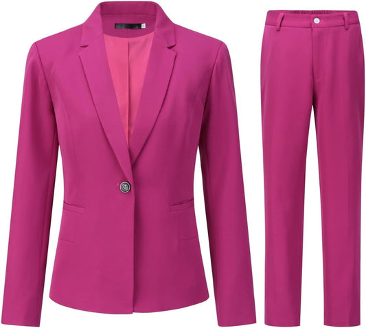 YUNCLOS Women's 2 Piece Office Lady Business Suit Set Slim Fit Blazer Pant, Rose Red