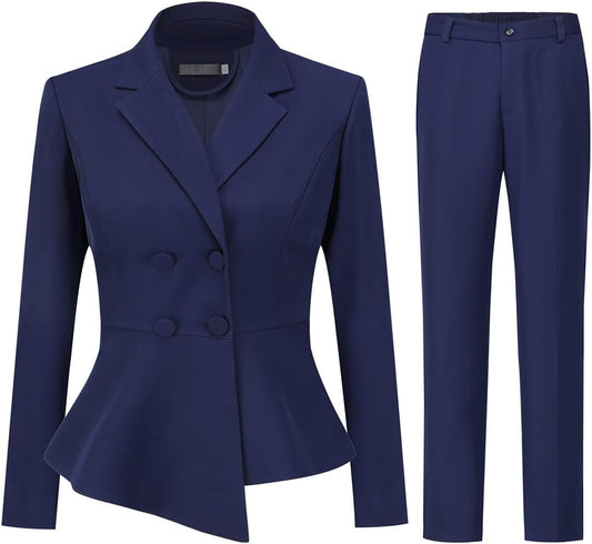 YUNCLOS Women's Double Breasted 2 Piece Suit Set 2 Button Blazer Jacket and Pants Blue