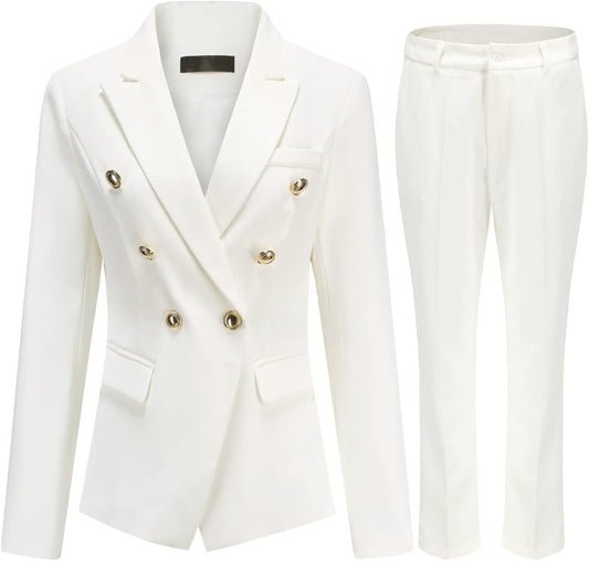 YUNCLOS Women's 2 Pieces Vintage Office Lady Suit Set 1 Button Blazer and Suit Pants White