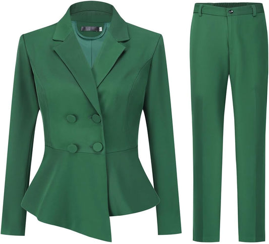 YUNCLOS Women's Double Breasted 2 Piece Suit Set 2 Button Blazer Jacket and Pants Green
