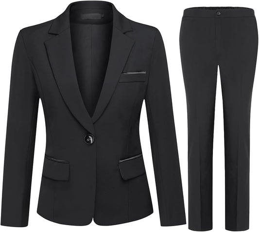 YUNCLOS Women's 2 Piece Office Lady Business Suit Set Slim Fit Blazer Pant Black