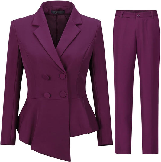 YUNCLOS Women's Double Breasted 2 Piece Suit Set 2 Button Blazer Jacket and Pants Burgundy