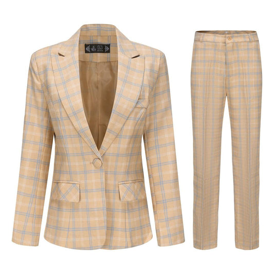 YUNCLOS Womens Checked Suit Set Slim Fit 1 Button Casual Formal Blazer Jacket and Pants, Large Yellow