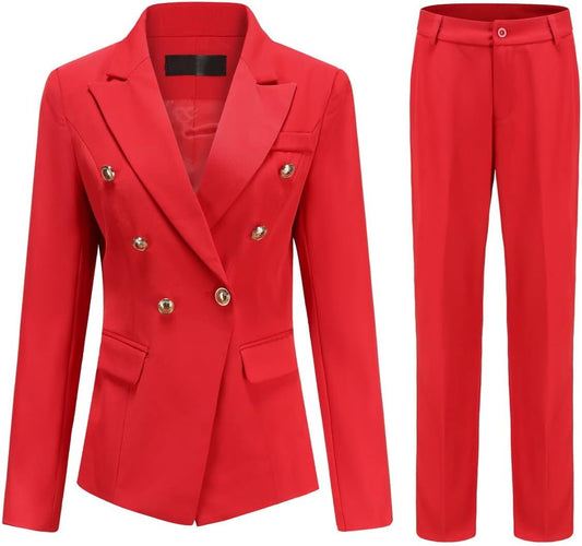 YUNCLOS Women's 2 Pieces Vintage Office Lady Suit Set 1 Button Blazer and Suit Pants, Red, X-Small