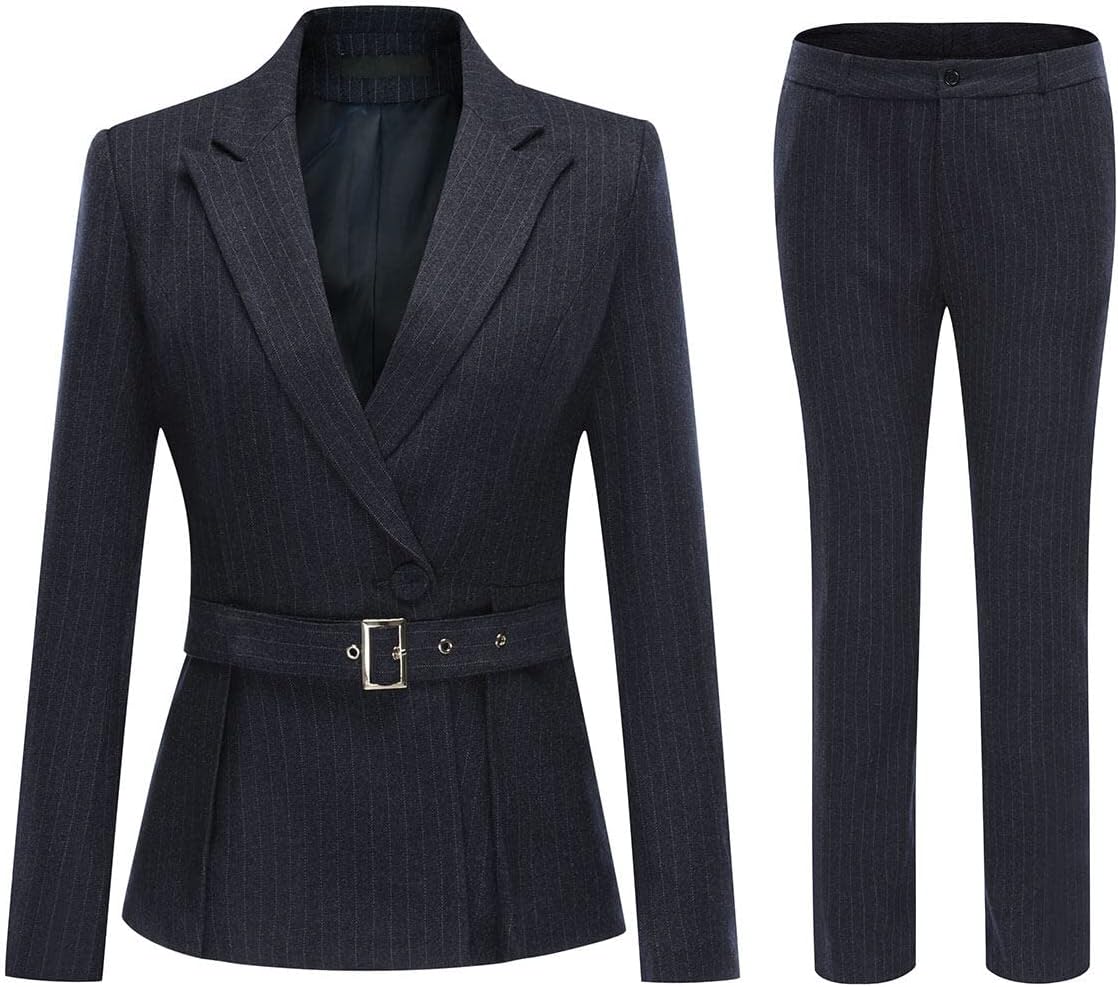 YUNCLOS Women's 2 Piece Office Lady Stripes Business Suit Set Slim Fit Blazer Jacket Pant, Suit Set-Black2