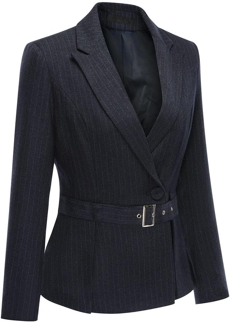 YUNCLOS Women's 2 Piece Office Lady Stripes Business Suit Set Slim Fit Blazer Jacket Pant, Suit Set-Black2