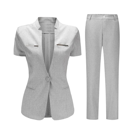 YUNCLOS Women's 2 Piece Business Office Suit Set One Button Short Sleeve Blazer Jacket and Suit Pants Gray