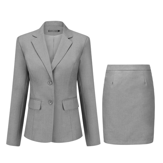 YUNCLOS Women's 2 Pieces Skirt Suit Set Long Sleeve Blazer Jacket and Pencil Skirt Light Gray