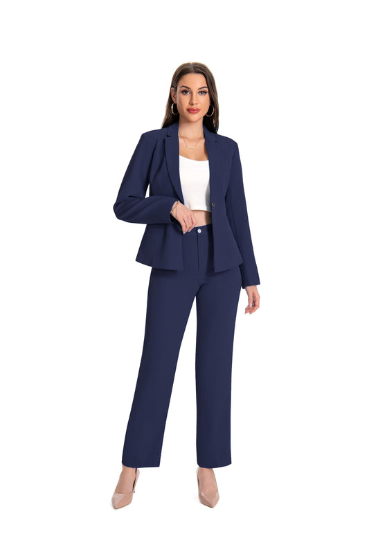 YUNCLOS Women's 2 Piece Office Lady Business Suit Set Slim Fit Blazer Pant Navy Blue