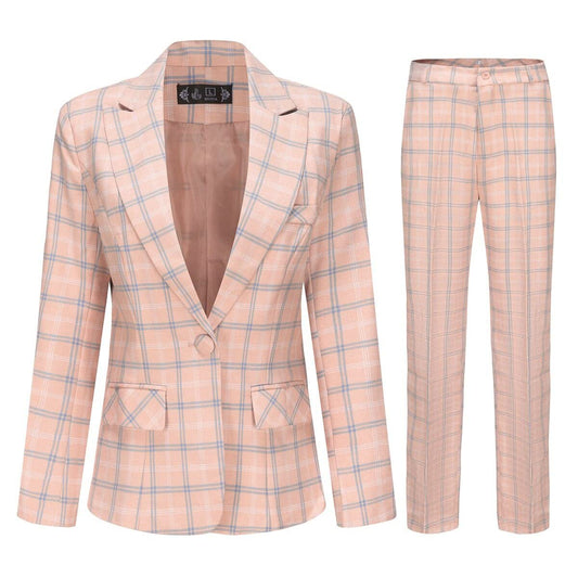 YUNCLOS Womens Checked Suit Set Slim Fit 1 Button Casual Formal Blazer Jacket and Pants Pink