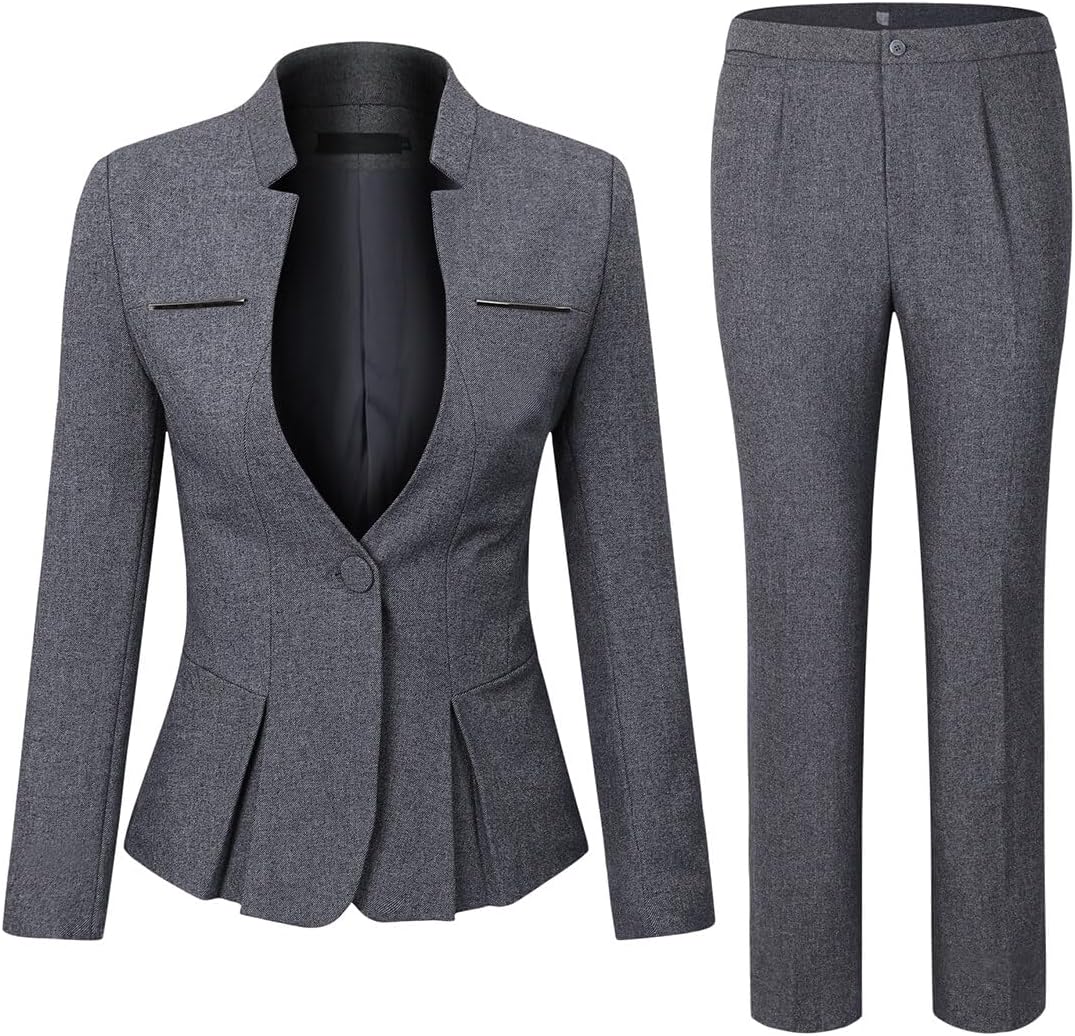 YUNCLOS Women's Elegant Business 2 Piece Office Lady Suit Set Work Blazer Pant, 1L Dark Grey