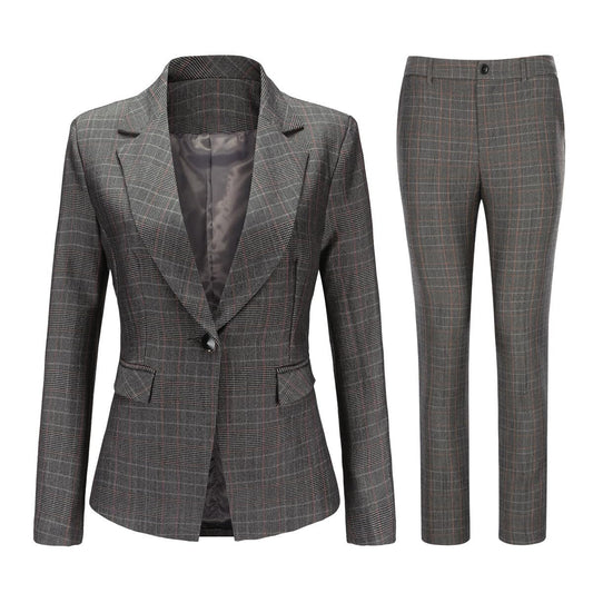 YUNCLOS Women's Vintage 2 Piece Plaid Suit Set 1 Button Stylish Blazer and Pants Gray