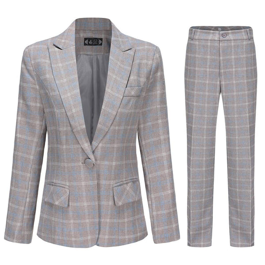 YUNCLOS Womens Checked Suit Set Slim Fit 1 Button Casual Formal Blazer Jacket and Pants Light Grey